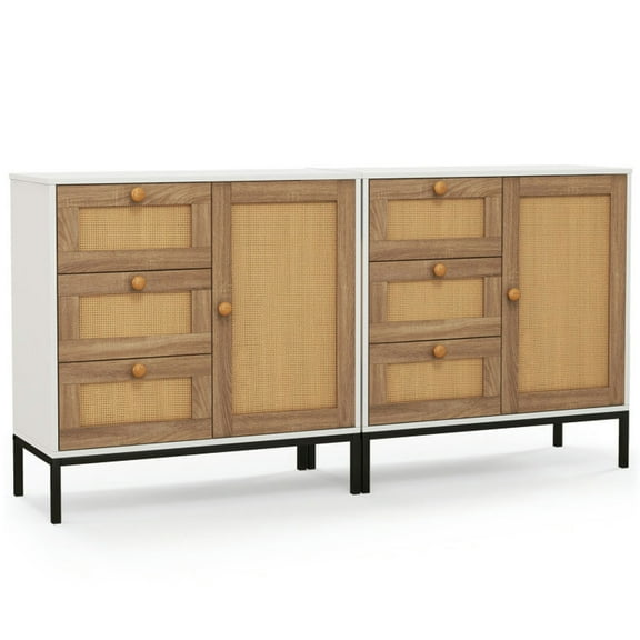 GVN Rattan Sideboard Buffet Cabinet with 1 Door and 3 Drawers-White
