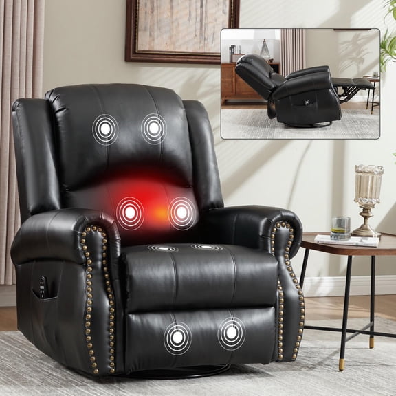 GVN Reclining Sofa Chair with Rocker and Swivel, Home Reclining Seating with Heat Massage and Pu Leatheraire for Living Room, Bedroom, Black