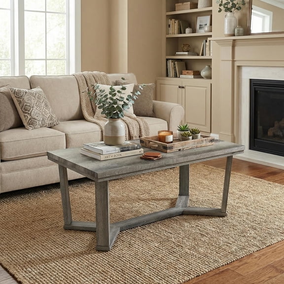 GVN Rectangle Coffee Table with Rubber Wood Construction, Cross-Shaped Base for Living Room, Lounge, Family Room Center Furniture, Gray