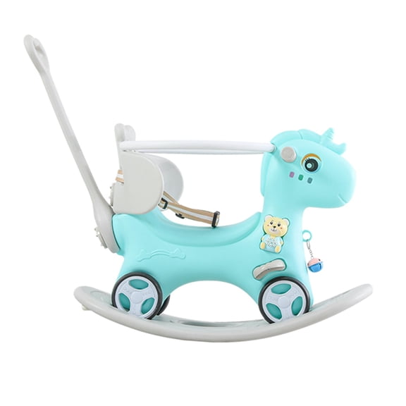 GVN Rocking Horse for Toddlers, Balance Bike Ride On Toys with Push Handle, Backrest and Balance Board for Baby Girl and Boy, Unicorn Kids Riding Birthday (Blue)