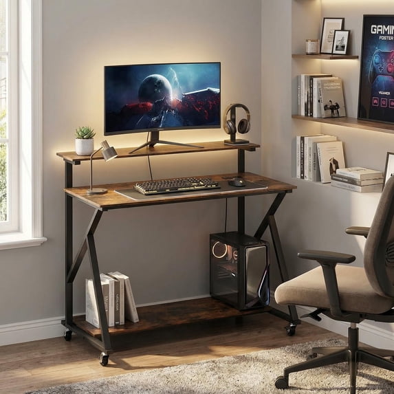 GVN Rolling Computer Desk Mobile Workstation with Charging Station ...