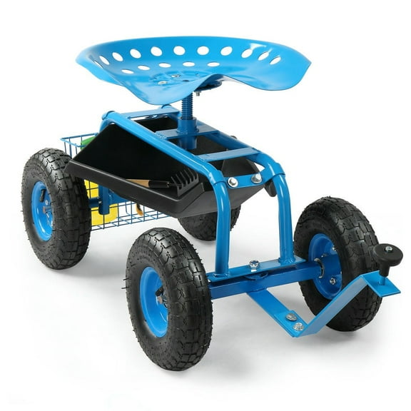 GVN Rolling Garden Work Seat with Wheels, Garden Scooter with 360 Degree Swivel Seat & Steering Handle & Tool Tray, Blue