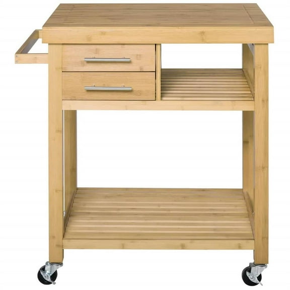 GVN Rolling Kitchen Table, Kitchen Island,Bamboo Kitchen Island Cart on Wheels, Utility Trolley Cart with 2 Storage Drawers and Open Shelves, Bamboo Tone
