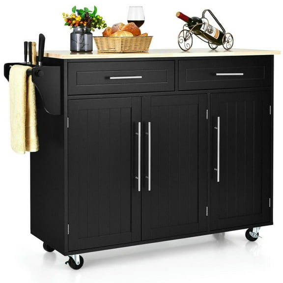 GVN Rolling Kitchen Table, Kitchen Island,Kitchen Island Trolley Wood Top Rolling Storage Cabinet Cart with Knife Block-Black
