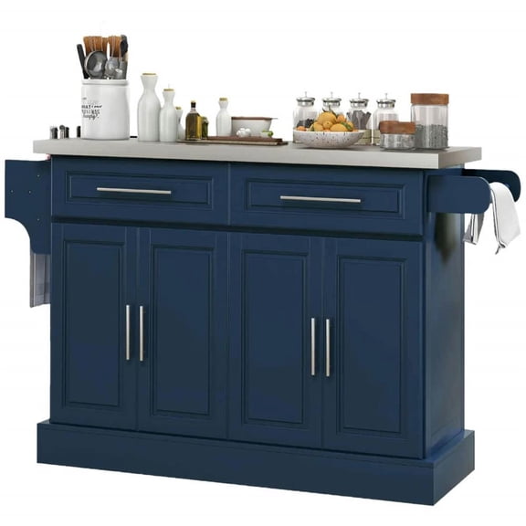 GVN Rolling Kitchen Table, Kitchen Island,Rolling Kitchen Island with Stainless Steel Top, 2 Drawers, Spice, Knife and Towel Rack and Cabinets, Navy Blue