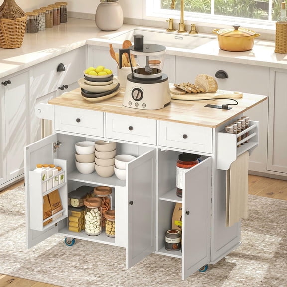 GVN Rolling Kitchen Table with Drop Leaf and Charging Station, Kitchen Island with Wood Top, Adjustable Shelf for Dining Room, White