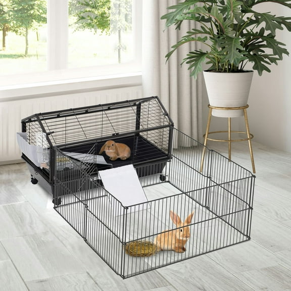 GVN Rolling Metal Rabbit, Guinea Pig, or Small Animal Hutch Cage with Main House and Run