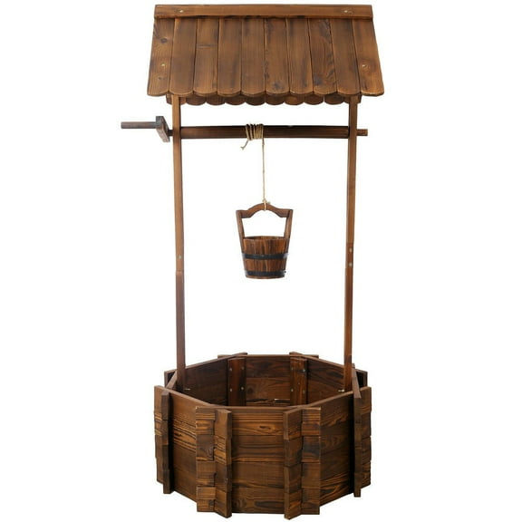 GVN Rustic Wooden Wishing Well Planter Outdoor Home Dcor for Patio, Garden, Yard w/Hanging Bucket