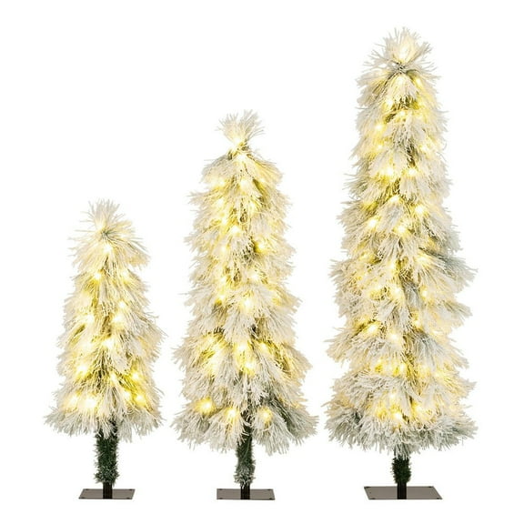 GVN Set of 3 Artificial Christmas Trees with Snow-flocked Branch Tips and LED Lights, Xmas Decoration Tree for Indoor, Outdoor, Holiday Decor, Green & White&White