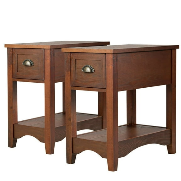 GVN Set of 2 Contemporary Side End Table with Drawer-Walnut