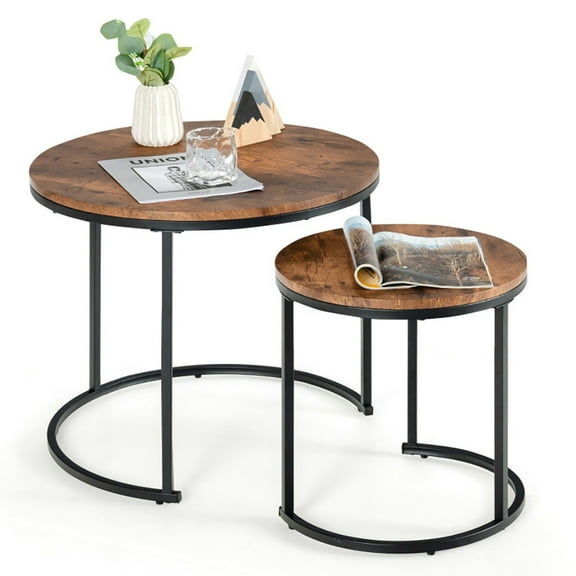 GVN Set of 2 Modern Round Stacking Nesting Coffee Tables for Living Room-Rustic Brown