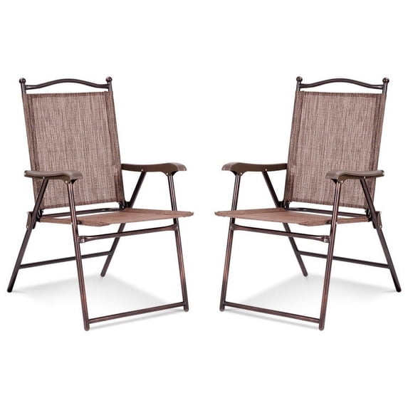 GVN Set of 2 Patio Folding Sling Back Camping Deck Chairs-Brown, Outdoor Furniture Chairs for Backyard, Porch, Garden, Poolside