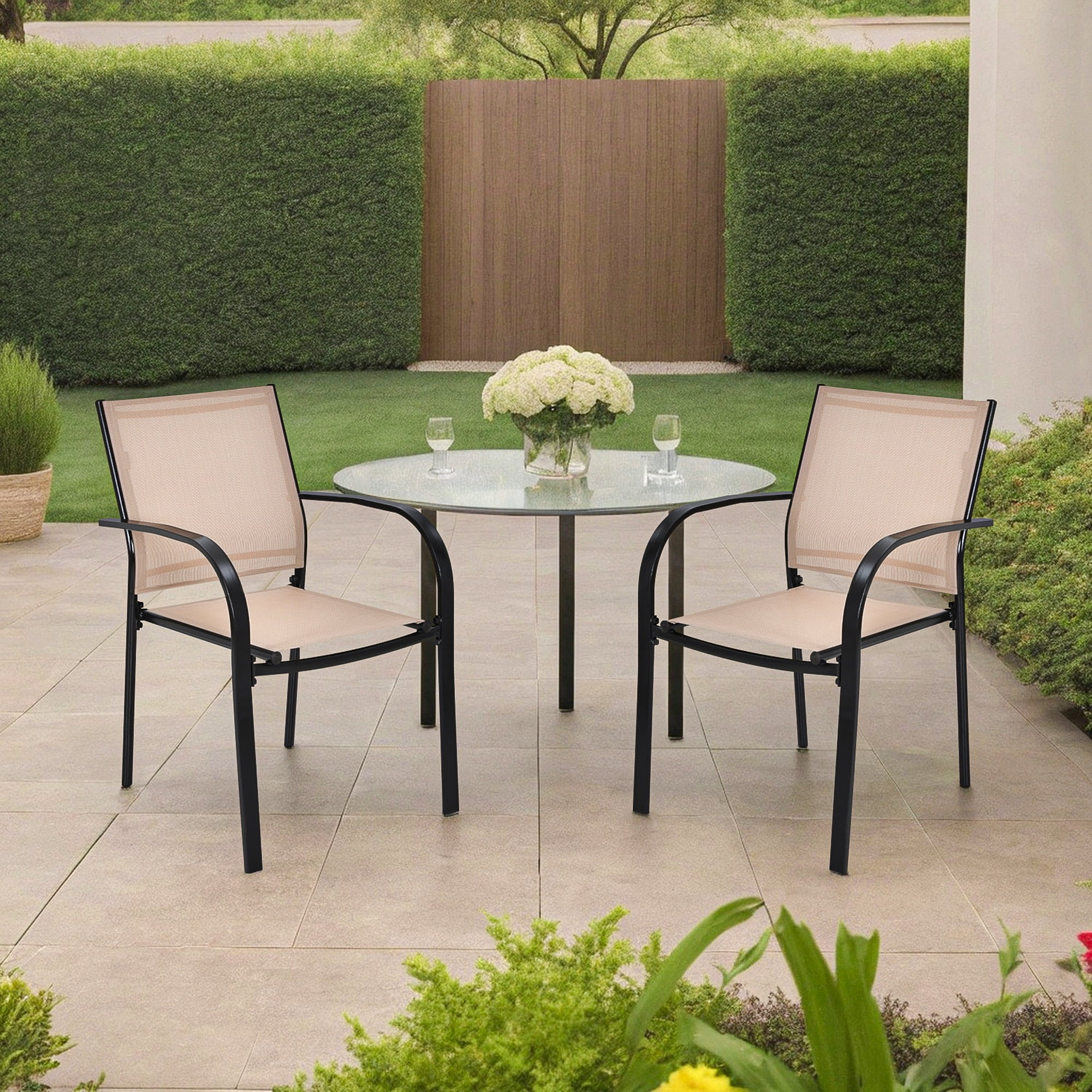 GVN Set of 2 Patio Stackable Dining Chairs with Armrests Garden Deck-Brown, Outdoor Furniture Chairs for Backyard, Porch, Garden, Poolside GVN Set of 2 Patio Stackable Dining Chairs with Armrests Garden Deck-Brown, Outdoor Furniture Chairs for Backyard, Porch, Garden, Poolside