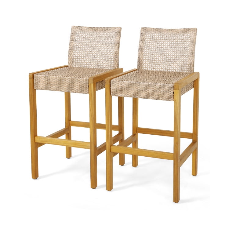 GVN Set of 2 Rattan Patio Wood Barstools Dining Chairs with Backrest-Set of 2, Outdoor Armchair Armchair, Brown