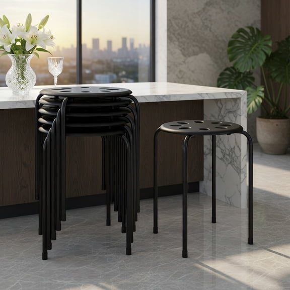 GVN Set of 6 Portable Plastic Stack Stools-Black, Dining Room Chairs, Lounge Chair for Kitchen, Dining, Bedroom, Living