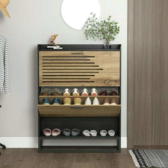 GVN Shoe Storage Cabinet, Shoe Organizer with Open Shelf for Entryway,Shoe Storage Cabinet with 2 Flip Drawers, Brown & Black
