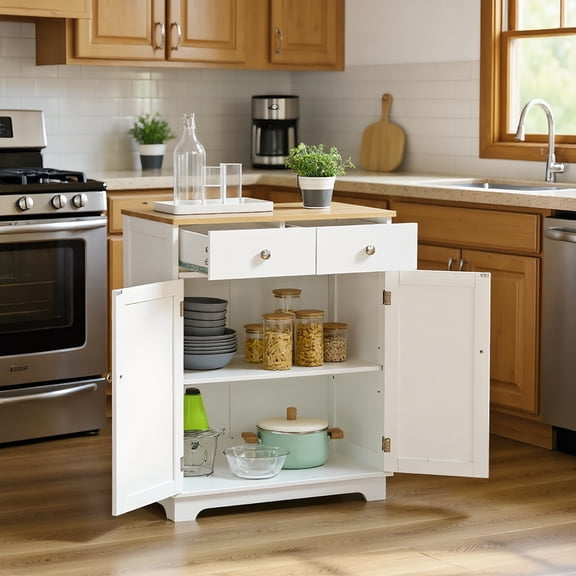 GVN Sideboard Buffet Cabinet, Kitchen Buffet Cabinet,Kitchen Storage Cabinet, Sideboard Floor Cupboard with Solid Wood Top and 2 Drawers, White