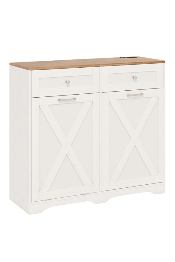 Sideboard Buffet Cabinet, Kitchen Buffet Cabinet,Tilt Out Trash Can Cabinet with Outlets and Adjustable Shelf-White