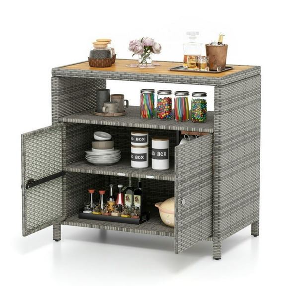GVN Sideboards Cabinets & Buffets,Rattan Storage Cabinet with Acacia Wood Countertop for Poolside Deck and Patio-Gray