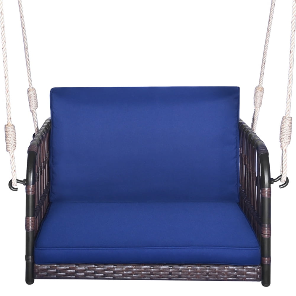 GVN Single Person Hanging Seat with Seat and Back Cushions-Navy, Porch Swing Hanging Bench, Wicker Outdoor Swing Bench with Cushion and Pillow for Patio, Yard, Garden GVN Single Person Hanging Seat with Seat and Back Cushions-Navy, Porch Swing Hanging Bench, Wicker Outdoor Swing Bench with Cushion and Pillow for Patio, Yard, Garden