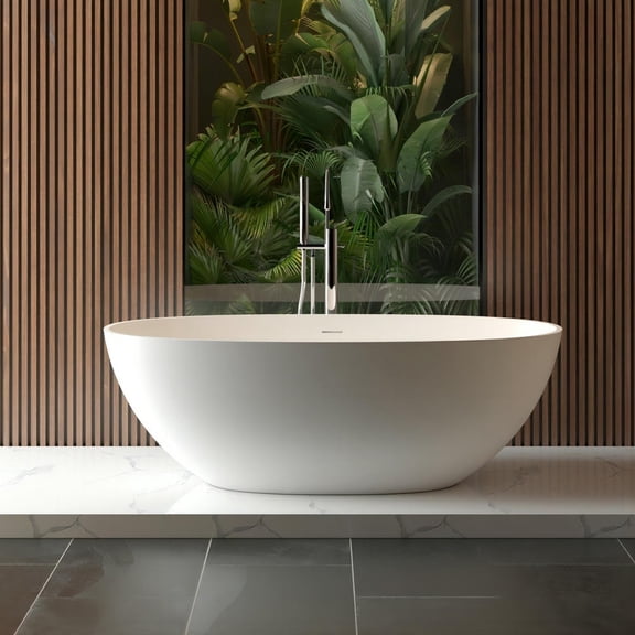 GVN Soaking Bathroom Tub,Freestanding Bathtub, 65" Freestanding Solid Surface Bathtub with Overflow and Pop-up Drain, Matte White
