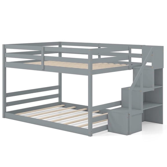 GVN Solid Wood Full Over Full Low Sturdy Bed Bunk Frame with Storage Stairs, Bedroom Platform Bed Frame for Bedroom, Apartment, Guest Room, Gray