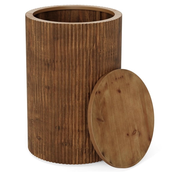 GVN Solid Wood Round End Table with Fluted Design, No-Assembly 4 Wheels, Storage for Lounge, Bedroom, Office Accent Furniture Piece, Brown
