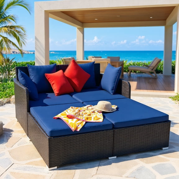 GVN Spacious Outdoor Rattan Daybed with Upholstered Cushions and Pillows-Navy, Outdoor Sofa Sectional for Patio Back Deck, Balcany, Poolside