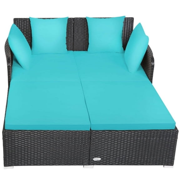 GVN Spacious Outdoor Rattan Daybed with Upholstered Cushions and Pillows-Turquoise, Outdoor Sofa Sectional for Patio Back Deck, Balcany, Poolside