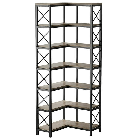 GVN Storage Shelves, Bookshelf Stand,7-Tier Corner Bookshelf Corner Bookcase Storage Display Rack, Gray