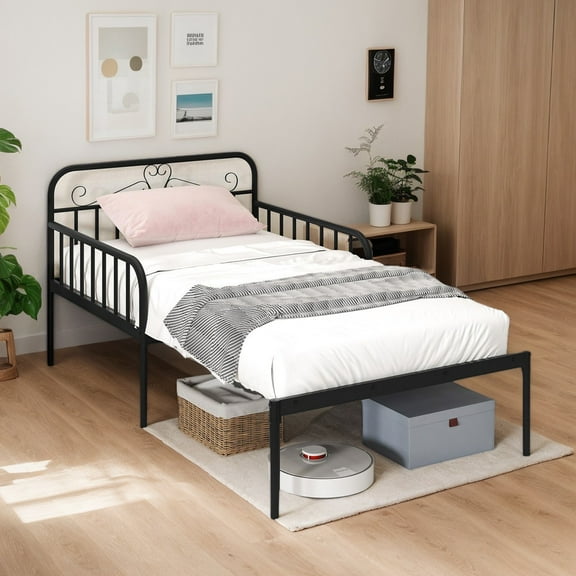 GVN Sturdy Bed Frame, Bedroom Platform Bed Frame,Extendable Metal Daybed to Twin Size Bed with Guardrails and Armrests-Black