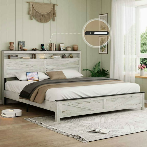 GVN Sturdy Bed Frame, Bedroom Platform Bed Frame,King Size Bed with Wooden Headboard and Hidden Storage Space, White