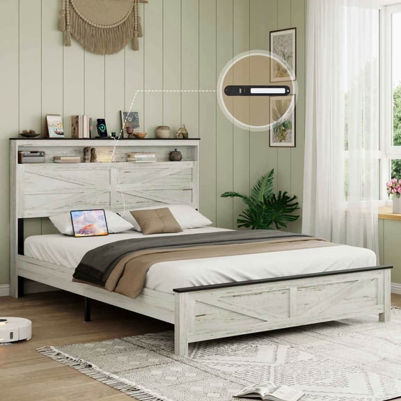 GVN Sturdy Bed Frame, Bedroom Platform Bed Frame,Queen Size Bed Frame with LED Lights and Charging Station, White