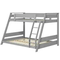 GVN Sturdy Bed Frame, Bedroom Platform Bed Frame,Twin Over Full Low Bunk Bed with Reversible Ladder-Gray
