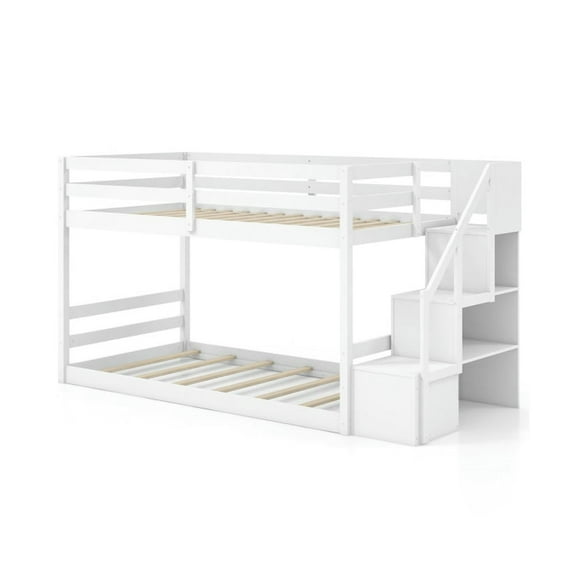 GVN Sturdy Bed Frame, Bedroom Platform Bed Frame,Twin Over Twin Low Bunk Bed with Storage Stairs Solid Wood Floor Bunk Bed Frame-White