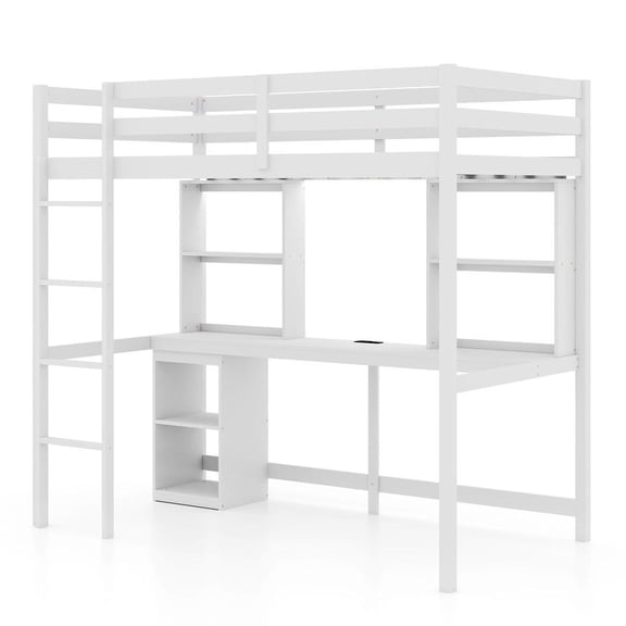 GVN Sturdy Twin Loft Bed Bunk Frame with LED Light and Desk No Box Spring Needed, Bedroom Platform Bed Frame for Bedroom, Apartment, Guest Room, White