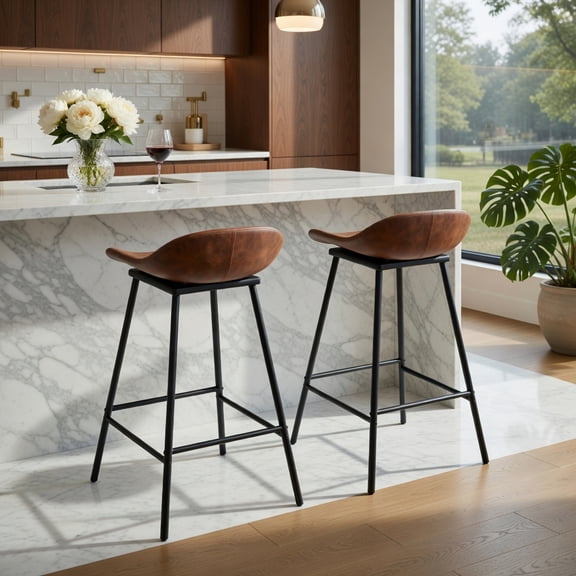 GVN Swivel Barstools Set with Faux Leather Upholstery, Backless Design with Footrest for Kitchen, Bar with Compact Style, Brown