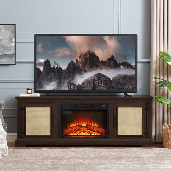GVN TV Stand, Entertainment Center,Farmhouse Rattan TV Stand Console Table for TVs up to 70 Inches with 23" fireplace insert,Espresso