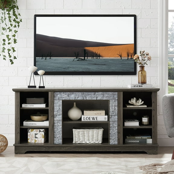 GVN TV Stand, Entertainment Center,Mantel Stone TV Media Stand with with Faux Stacked Stone Surround, Modern Entertainment Console,Grey
