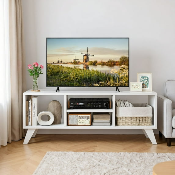 GVN TV Stand, Entertainment Center,Media TV Console Table with Raised Support Legs-White