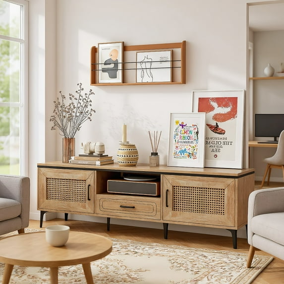GVN TV Stand, Entertainment Center,Mid Century Modern Entertainment Center with 2 Cabinets and Storage Drawer-Oak