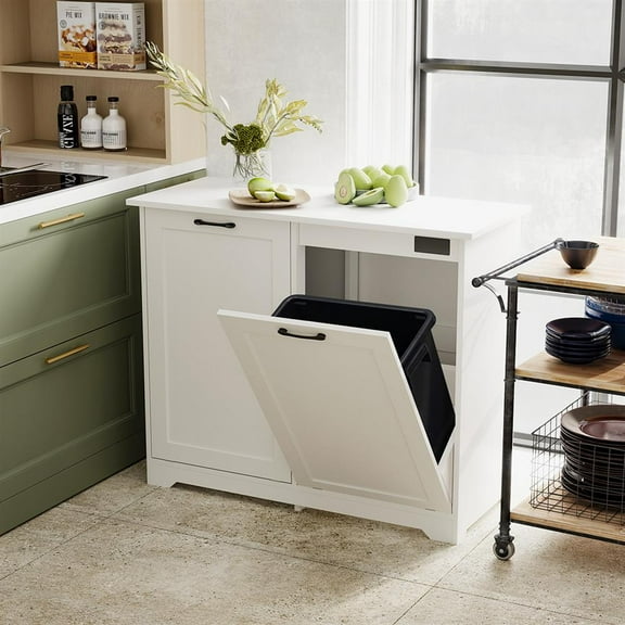 GVN Trash Cabinet, Trash Can,13 Gallon Kitchen Trash Can, Laundry Hamper Cabinet with Handles and Deodorizer Device, White