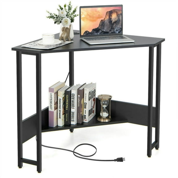 GVN Triangle Computer Corner Desk with Charging Station-Black, Desk for Bedroom, Gaming Computer Desks for Study,Working,Writing