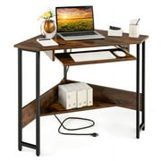 GVN Triangle Corner Desk with Charging Station Keyboard Tray and Storage Shelf-Rustic Brown, Desk for Bedroom, Gaming Computer Desks for Study,Working,Writing
