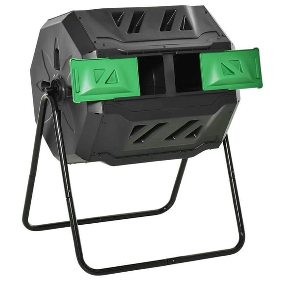 GVN Tumbling Compost Bin Outdoor 360 Dual Chamber Rotating Composter 43 Gallon, Green