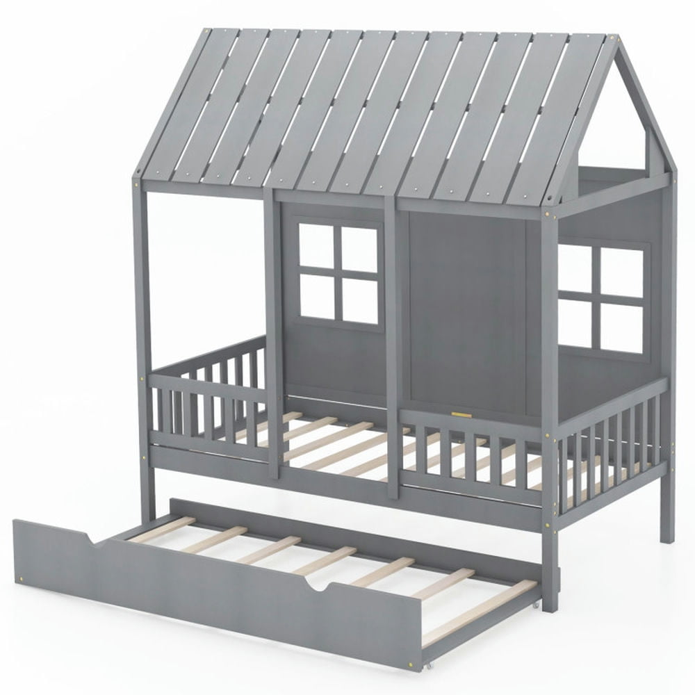 GVN Twin Size Bed Frame House Bed with Trundle and 82 Inch Tall Roof-Gray, Baby Bed for Sleeping and Sleepovers