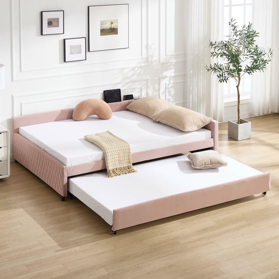 GVN Twin Size Daybed with Trundle, sturdy wooden frame and modern diamond upholstered grid, versatile for bedroom use, Pink