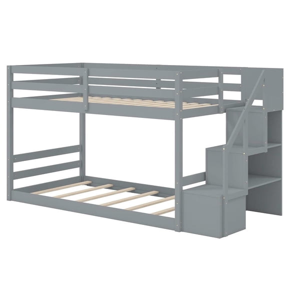 GVN Twin Over Twin Low Sturdy Bed Bunk Frame with Storage Stairs Solid Wood Floor, Bedroom Platform Bed Frame for Bedroom, Apartment, Guest Room, Gray