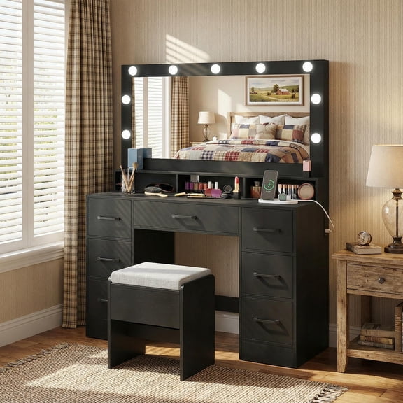 GVN Vanity Desk with Illuminated Mirror Makeup Table with Power Outlets for Bedroom Dressing Area Cosmetic Storage Beauty Organizer Station, Black