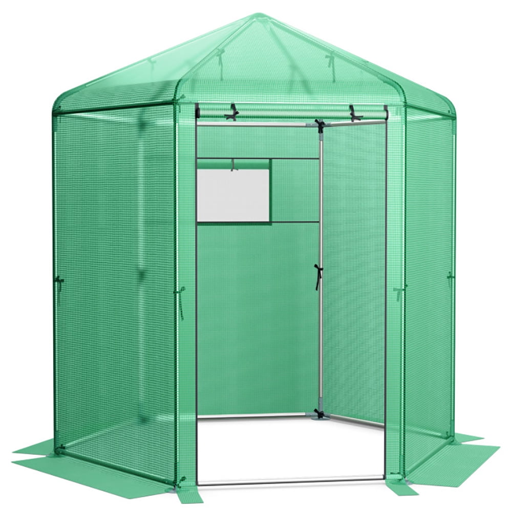 GVN Walk-In Hexagonal Greenhouse with PE Cover and Metal Frame, Walk-in Green House, Portable Greenhouse with Shelves for Planting and Storage